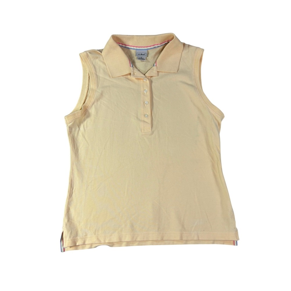 LL Bean Womens Sleeveless Polo Shirt Small Yellow Pique Knit Cotton 0ASL6